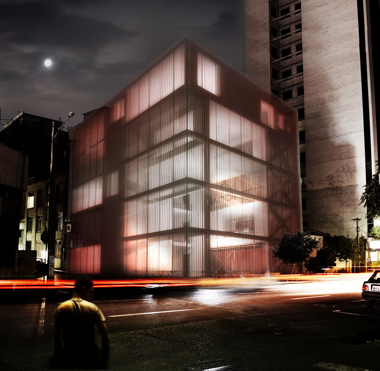 Exterior Render of Ghazvin Glass Co Head-office in Night.