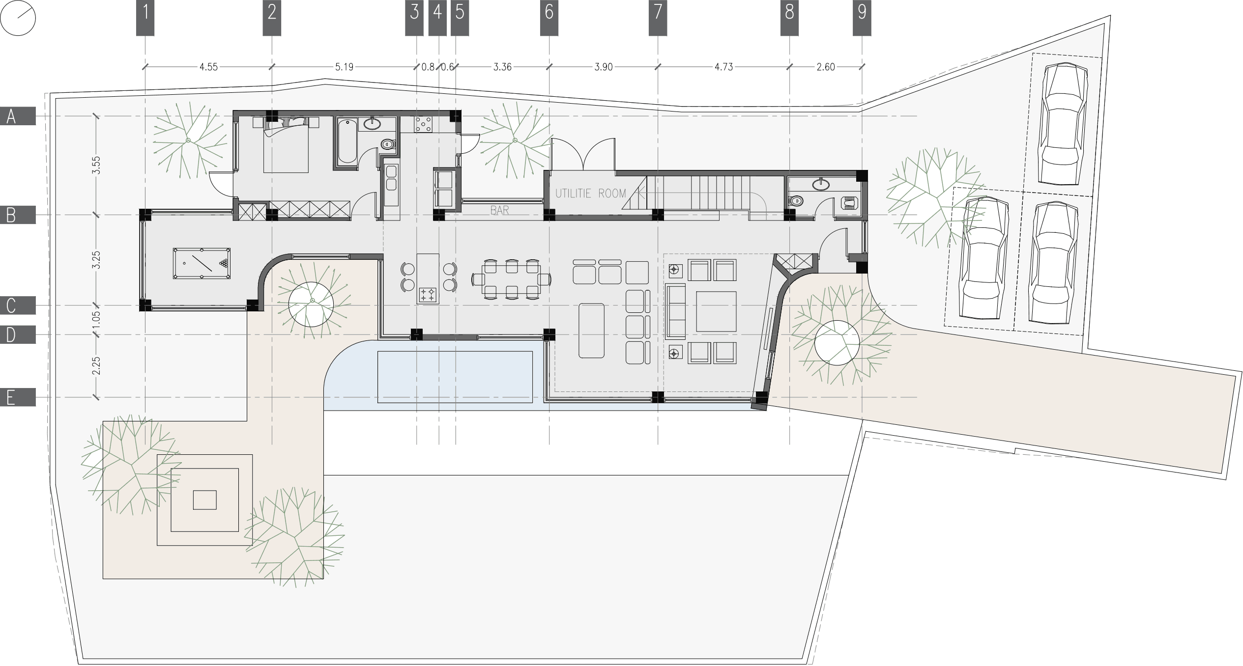ground floor plan , a villa between two trees