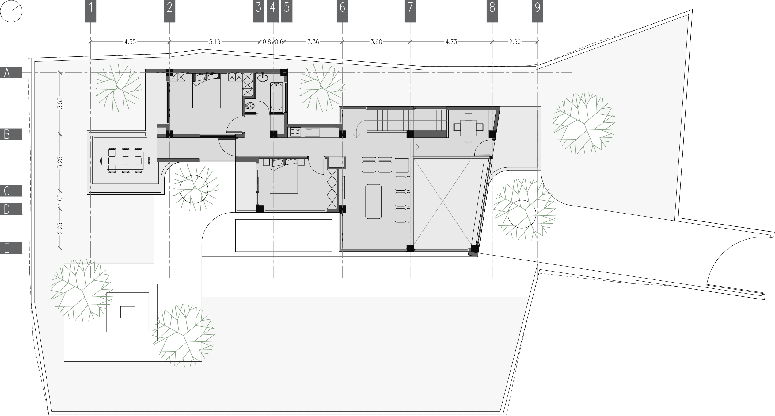 first floor plan , a villa between two trees