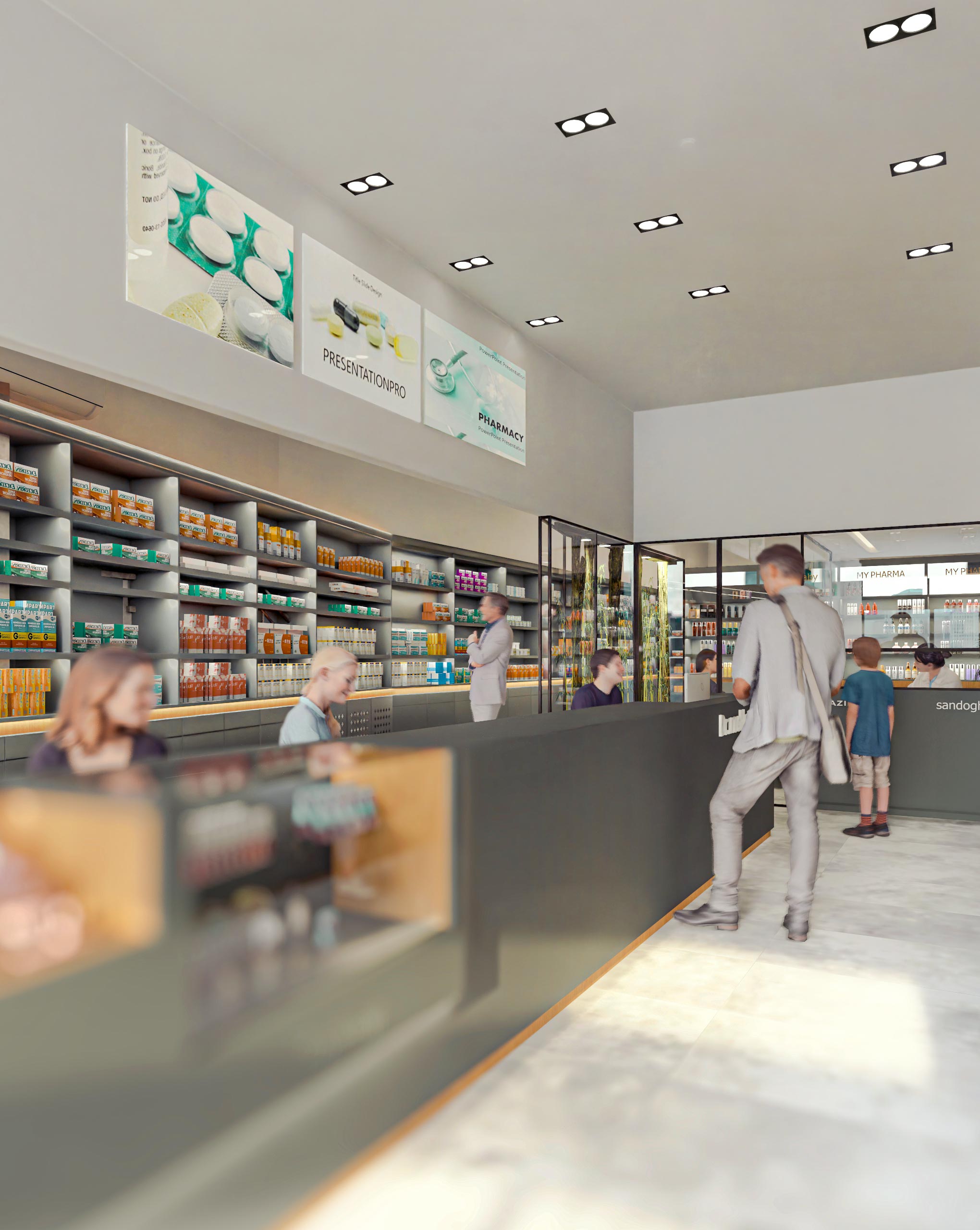 pharmacy, interior render 2 , Pharmacy and the Tiny Clinic Above project
