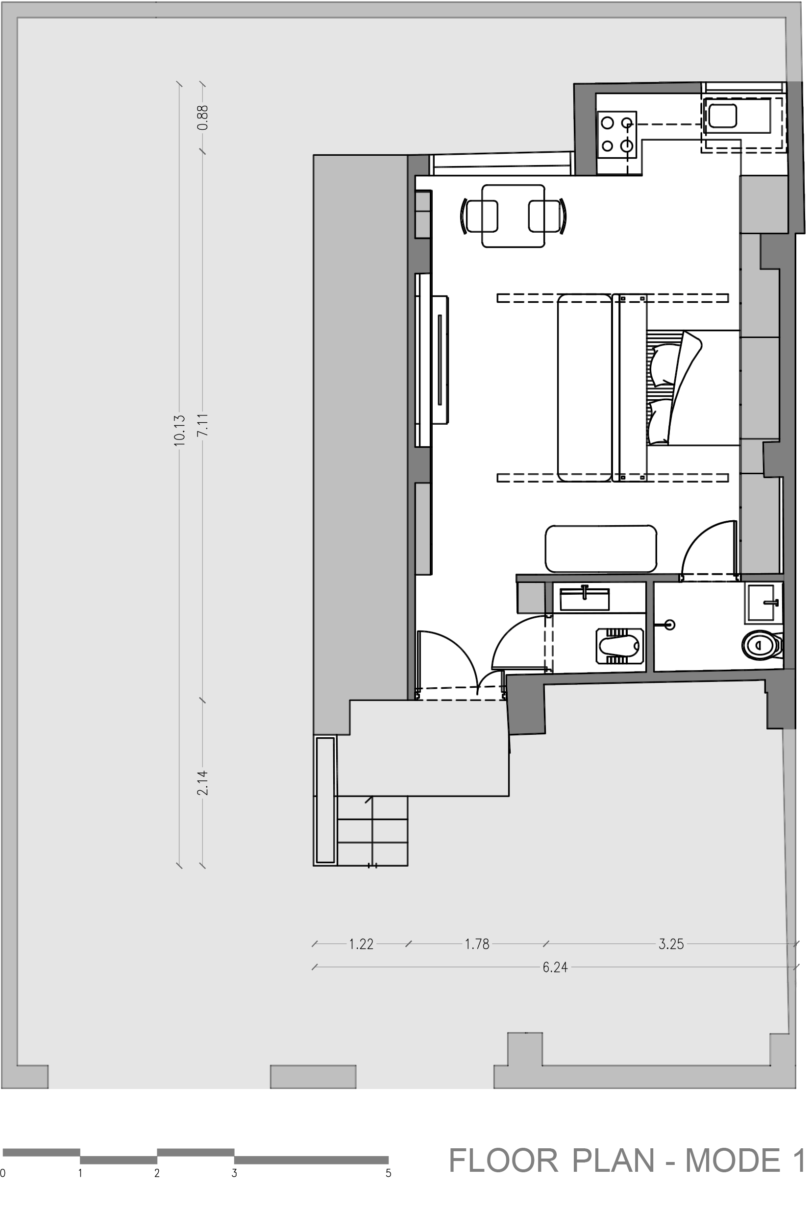 floor plan - mode 1 state , Tiny Home that Morphs to moments